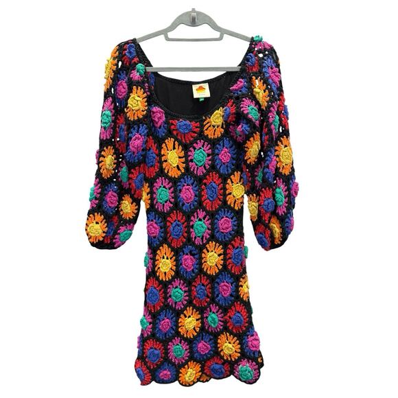 Farm Rio Crochet Knit Mini Dress Multicolor Floral Boho Festival Cotton S - Picture 4 of 12